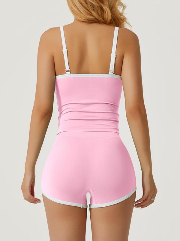 Women's Contrast Binding Cami Top & High Waist Shorts Loungewear Two-piece Set, Casual Comfy Cami Top & Shorts Pj Set, Ladies Summer Sleepwear 7