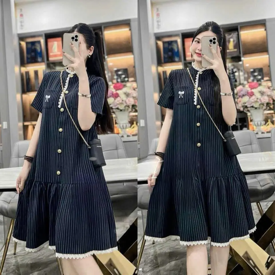 (Có size 100kg)Váy bầu bigsize dáng xoè phối cổ đức,có size từ 45-100kg Thai sản Thai kỳ Thoải mái Thoáng khí