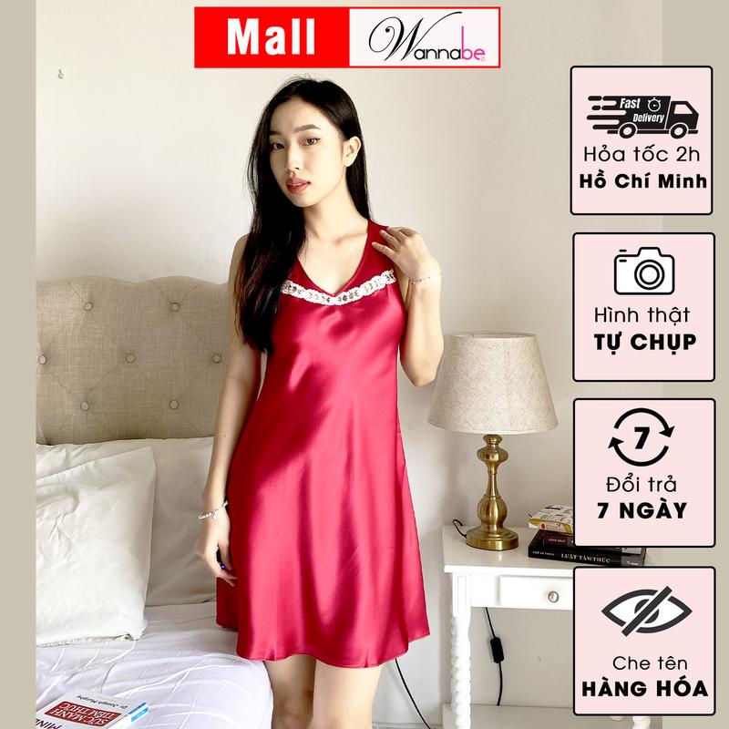  Đầm ngủ phi lụa cao cấp WANNABE váy ngủ bản vai 4cm cổ tim phối ren đơn giản trang nhã Nữ Dress Women DNS68 