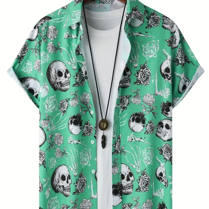 2024 Skull Men's Shirts Lapel Streetwear Vintage Shirt For Men Street Hip Hop Short Sleeve Top Party Summer Mens Hawaiian Shirts