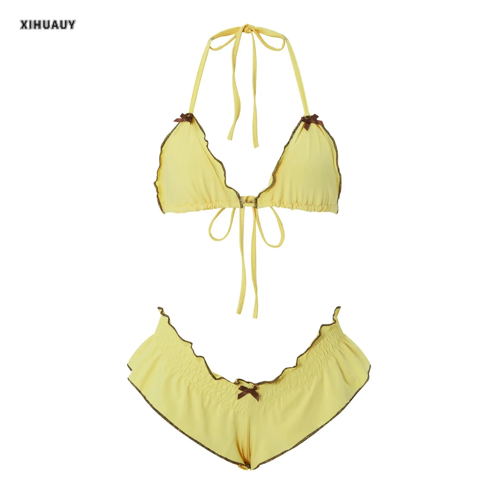 Women 2 Pieces Swimsuit Outfits Patchwork Sleeveless Padded Bra and Frills Thong Bottoms Bikini Beach Bathing Suits Set
