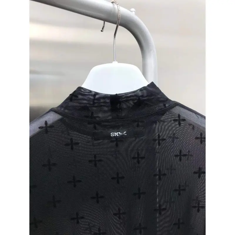 Áo Thun Turtleneck Trong Suốt, Vườn Đêm Đông Xứ Đông Nam, In Đổ Xô Chéo Dài Tay, Áo Lớp Nền Lưới, Đầu Xuân 2022 Menswear Cổ Tròn 2