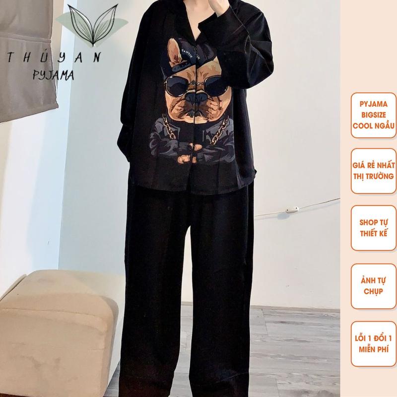 Bộ Pijama Bigsize chó Pitbull vàng tay dài mặc nhà dành cho nữ, mẹ bầu từ 60kg - 90kg.