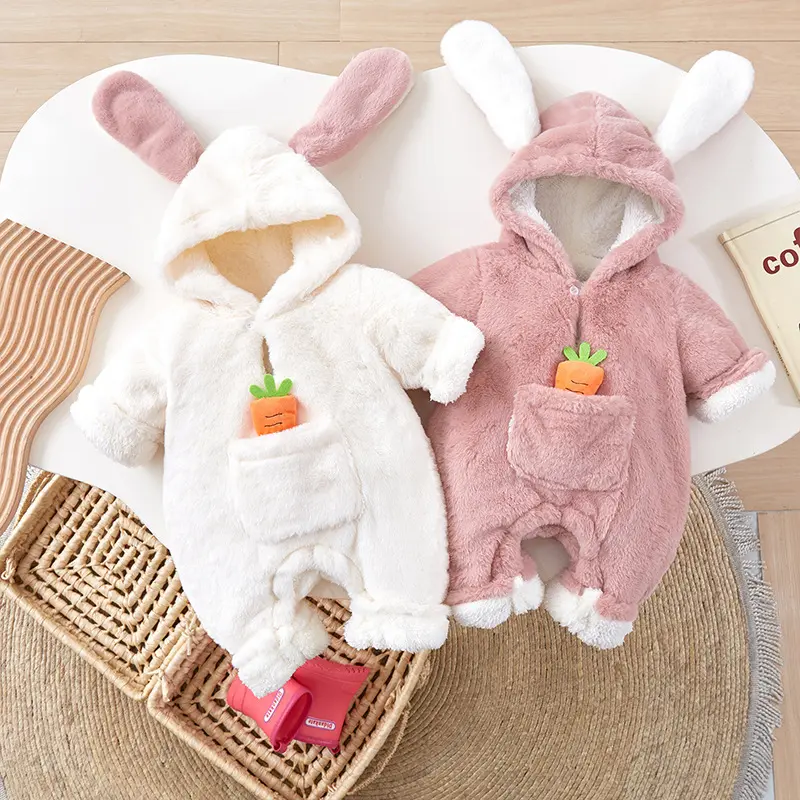 Bộ liền thân lông Cừu Thỏ Carot mùa đông cho bé gái , Bodysuit chần bông siêu ấm , Body bé gái siêu dễ thương