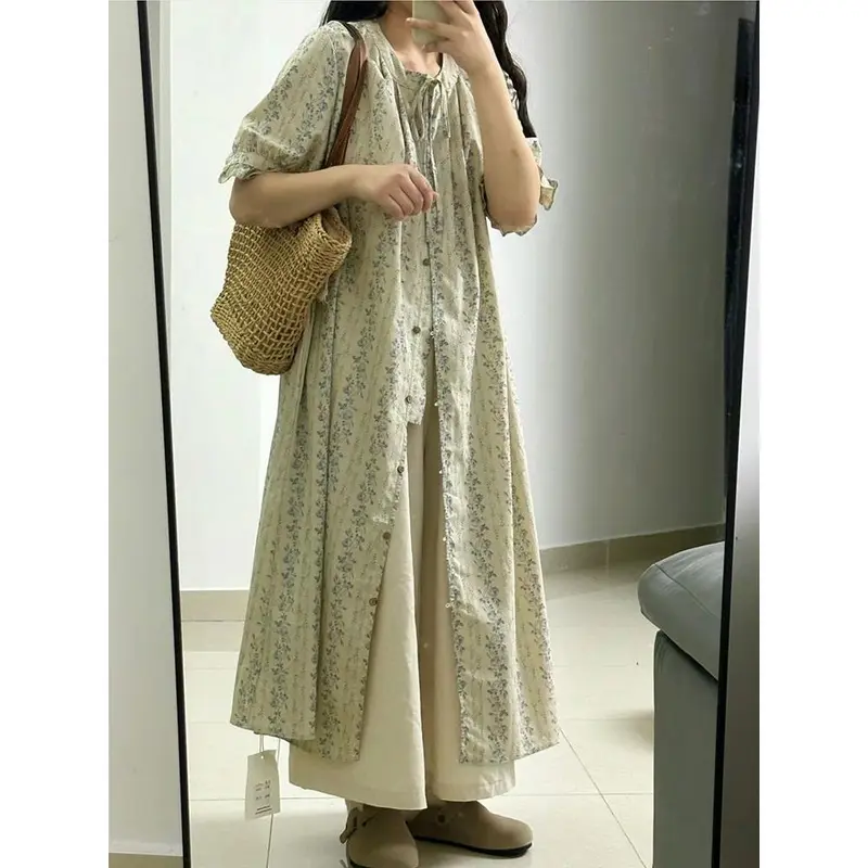 Váy Sơ Mi Hoa, Phong Cách Nhật Bản Cổ Điển Dành Cho Phụ Nữ, Trang Phục Mùa Hè, Nghệ Thuật Độc Đáo, Dáng Rộng Vừa Vặn, Dễ Phối Đồ, Cổ Tròn, Váy ngắn Tay Buộc Dây 1
