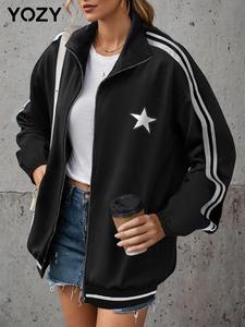 YOZY Women's Star Print Side Stripe Zip Up Jacket, Casual Drop Shoulder Long Sleeve Outerwear for Fall & Winter, Ladies Clothes for Daily Wear