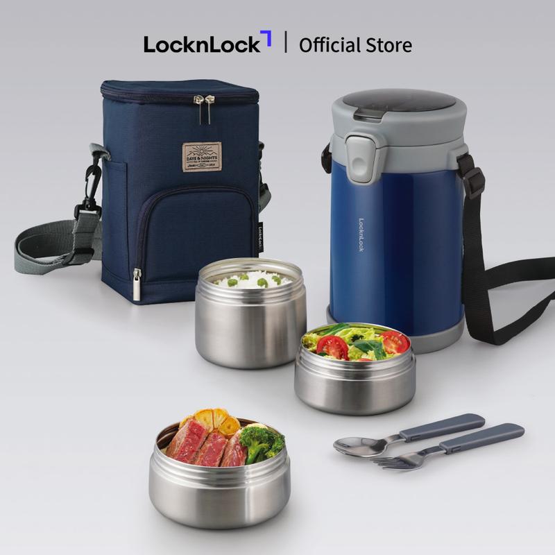 Bộ hộp cơm giữ nhiệt Easy Carry 2.0L LHC8039 2 màu Trắng Xanh - kèm bộ muỗng nĩa và túi đựng Gồm 1 hộp 720ml+ 2 hộp 420ml
