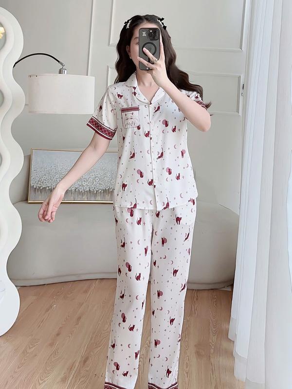 Clover Bộ đồ Nữ mặc nhà BPCL24013 thiết kế tay cộc quần dài hoạ tiết lụa phối mèo sao sang trọng và thanh lịch Áo Quần Ngủ chất liệu cao cấp không nhăn size S-M-L-XL màu mèo sao xanh be hồng đỏ