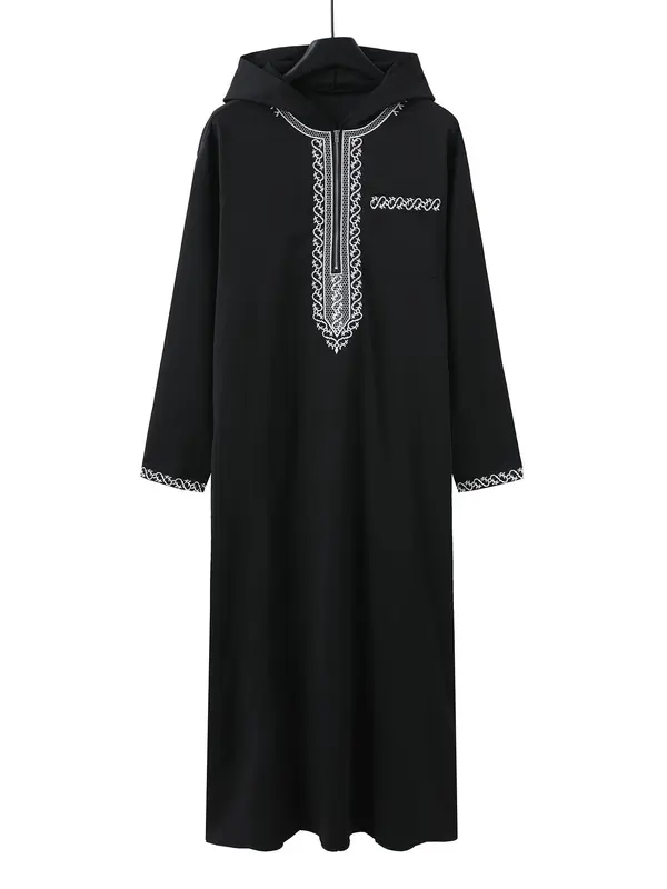 Men's Ethnic Pattern Embroidery Zipper Hooded Robe, Traditional Long Sleeve Pocket Jubba Thobe for Daily Wear, Men's Islamic Clothing for All Seasons 2