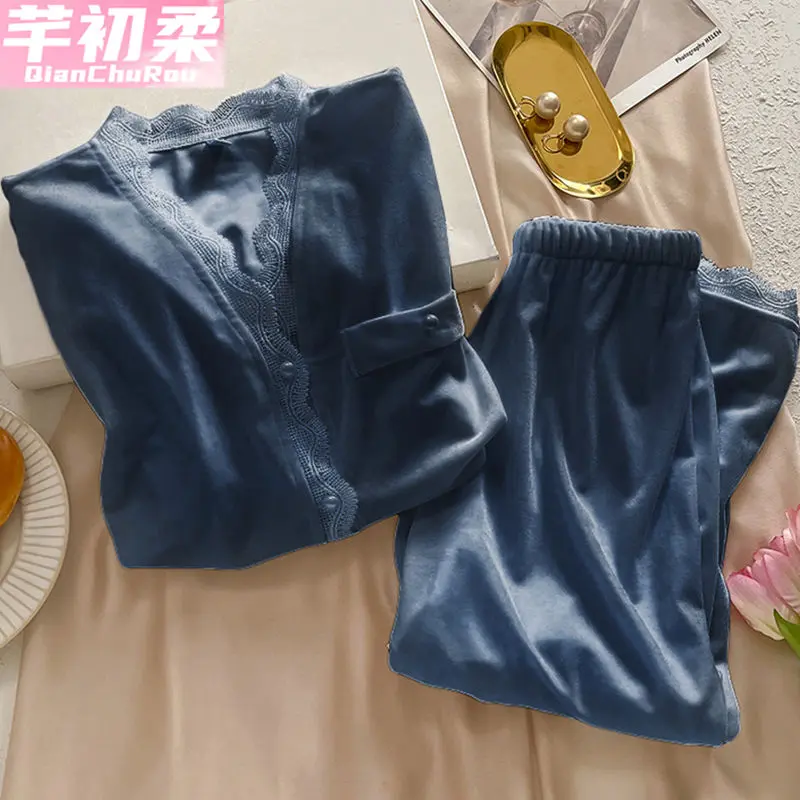 Đồ Ngủ Nhung Kim Cương, Cao Cấp, Dành Cho Nữ, Mùa Thu Và Mùa Đông, Bộ Đồ Mặc Nhà Dài Tay, Phong Cách Pháp Ngọt Ngào, Hàng Mới Về 2024, Cổ Búp Bê Cạp Cao Women 5