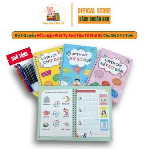 Sách - Bộ 3 Quyển Vở Luyện Viết Tự Xoá Tập Tô Chữ Số Cho Bé 3 4 5 Tuổi Mẫu Giáo Tặng 8 ruột+2 vỏ bút + 2 định vị cầm bút