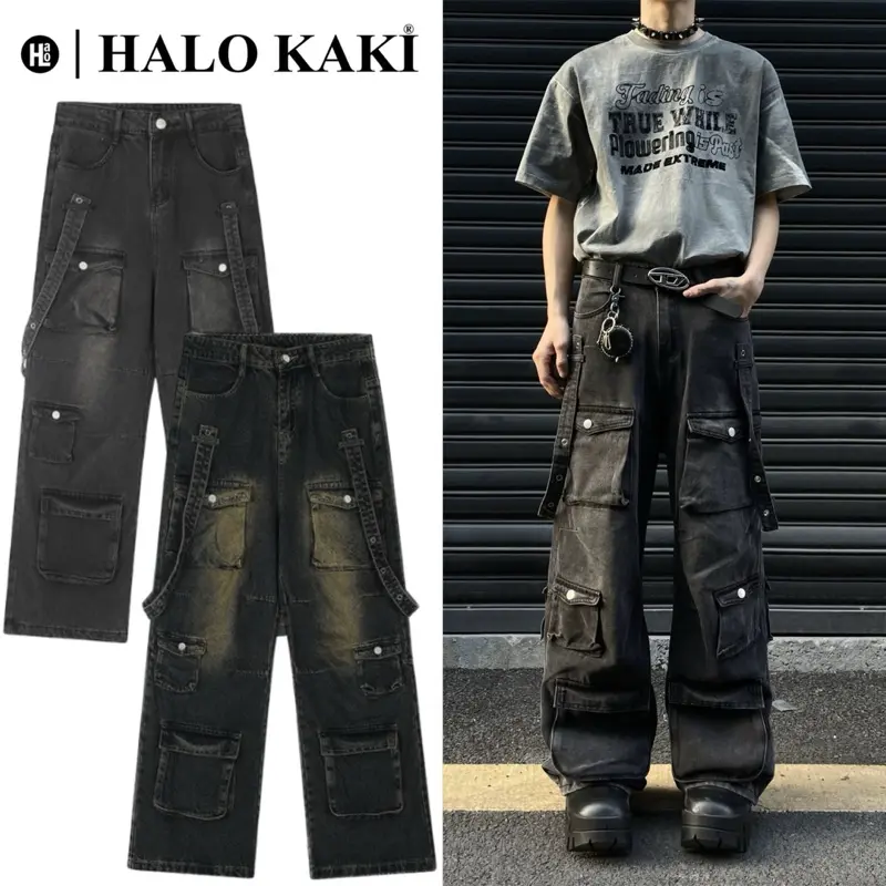 JEANS TÚI HỘP STRAP BOX (8 Túi hộp phối đai ) [HÀNG JEANS DÀY CAO CẤP LOẠI 1] - Quần hộp ống rộng chùm giày halo kakiTiêu chuẩn xác thực phù hợp Nam Menswear Denim Pants