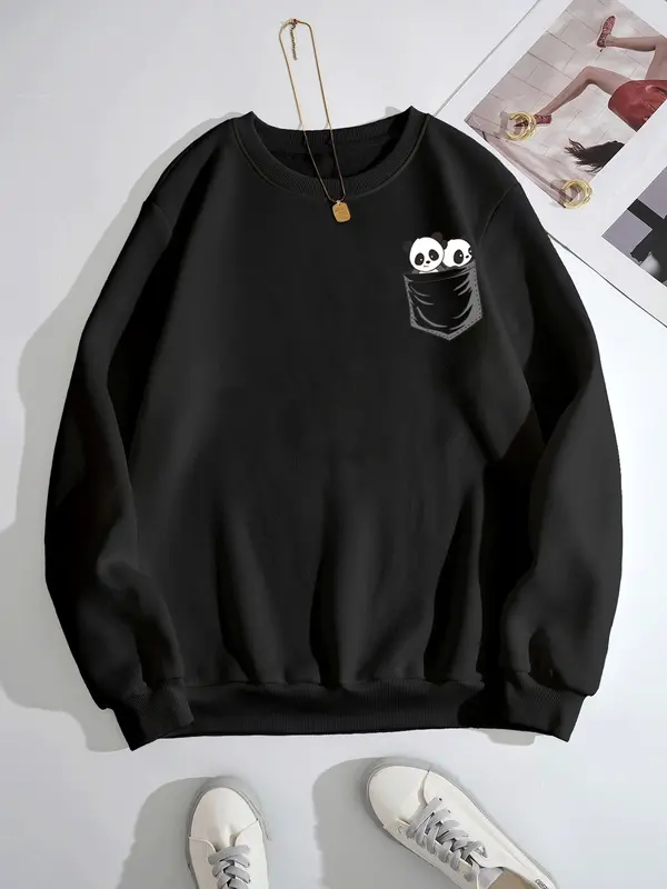 NEOCLOTH Sweater PANDA Wanita Crewneck Oblonng Remaja Dewasa Cewe flecce Murah Santai Hitam Coksu Mint Denim Fleece Panjang 3