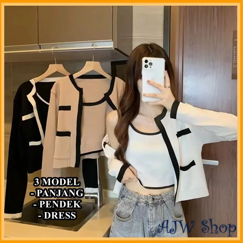 Shop WAB Atasan Tanktop Cardigan Set Lengan Panjang Korean Style Kekinian Rajut Import Premium | Baju Atasan Wanita Tanktop Cardigan Lengan Panjang Rajut Premium Mewah Elegan | Cardigan Set Import | Baju Atasan Wanita Tebaru Kekinian