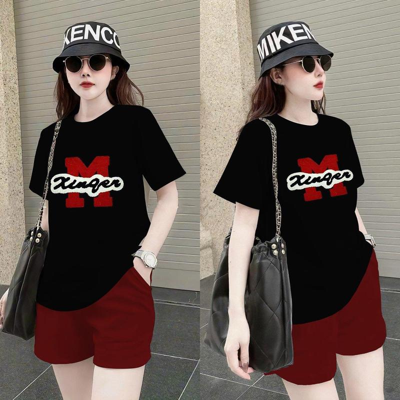 SÉT ĐỒ BỘ NGẮN NỮ COTTON QUẢNG CHÂU FROM RỘNG , Áo thun cổ tròn chữ M, quần đùi , sét mặc dạo phố , mặc nhà , vào mùa hè