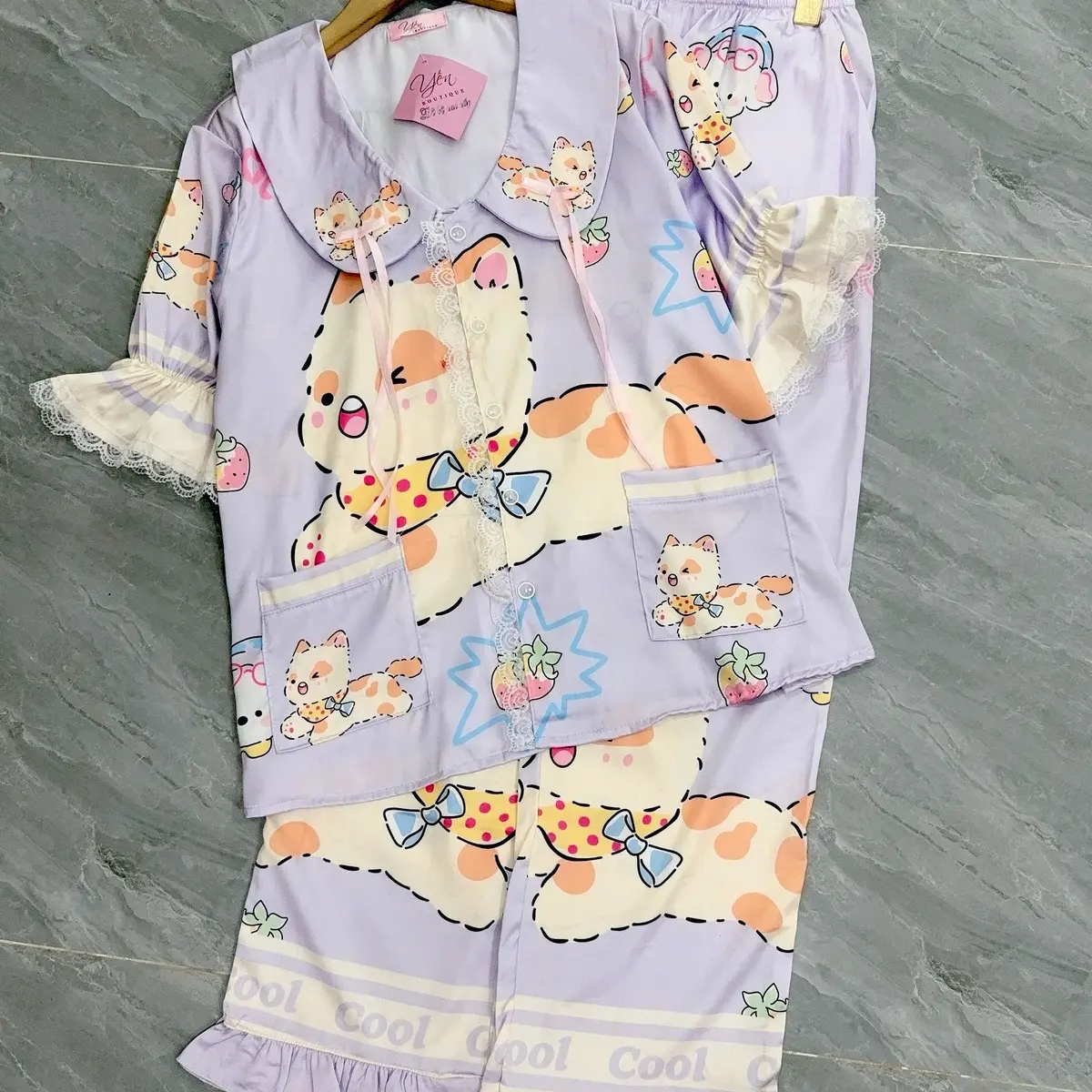 Đồ bộ pizama latin  tay ngắn mặc nhà cao cấp ( freesize 40-60kg)