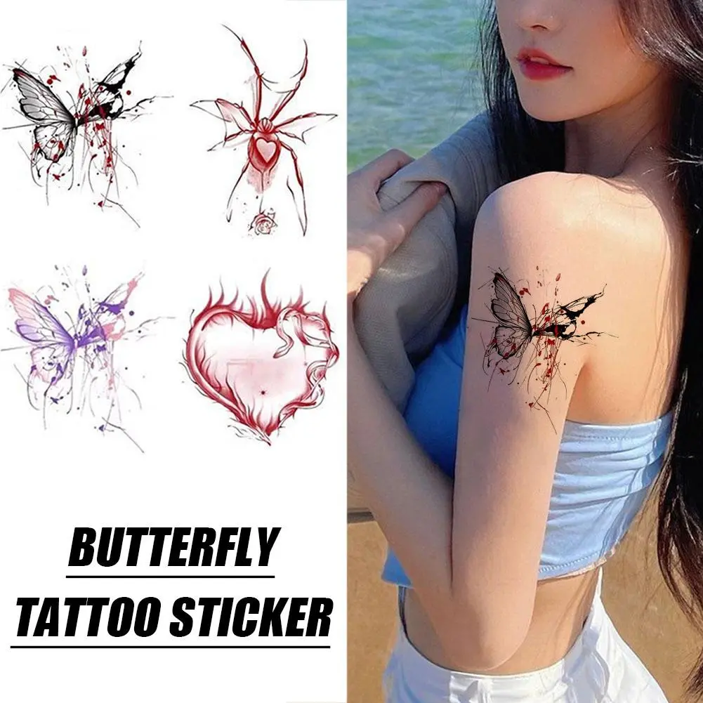 Watercolor Butterfly Red Butterfly Tattoo Stickers Sweet Girl Hot Girl Pure Desire Style Dark Black Collarbone Waist Waterproof And Sweat-proof Ins