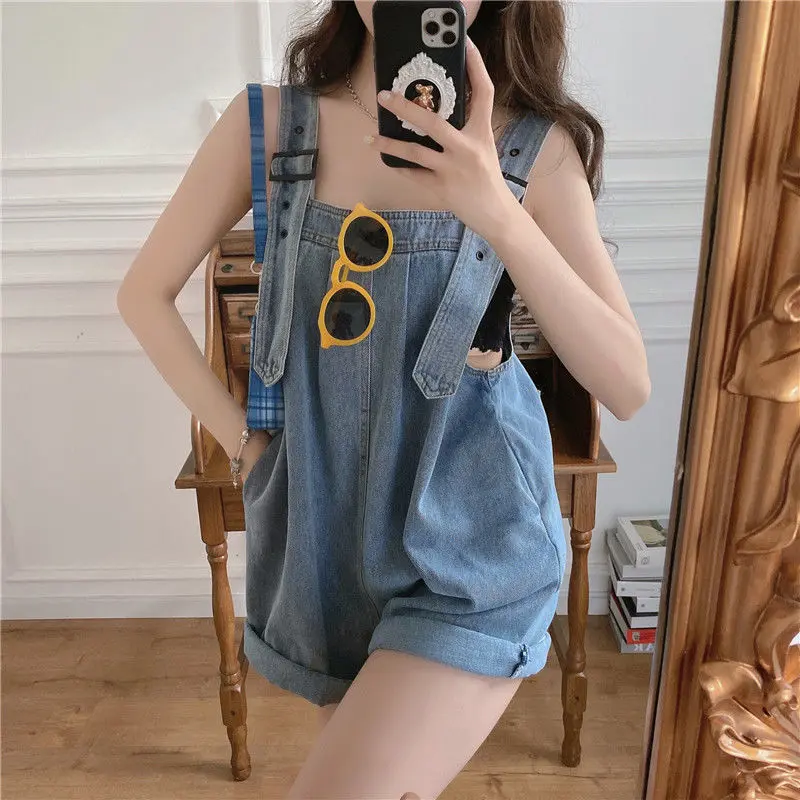 Quần Đùi Nẹp Denim, Dành Cho Nữ, Cỡ Nhỏ Mùa Hè 2024 Hàng Mới Về, Thiết Kế Đẹp, Kiểu Áo Jumpsuit Quần, Cạp Cao, Dáng Rộng Vừa Vặn, Quần Ống Rộng