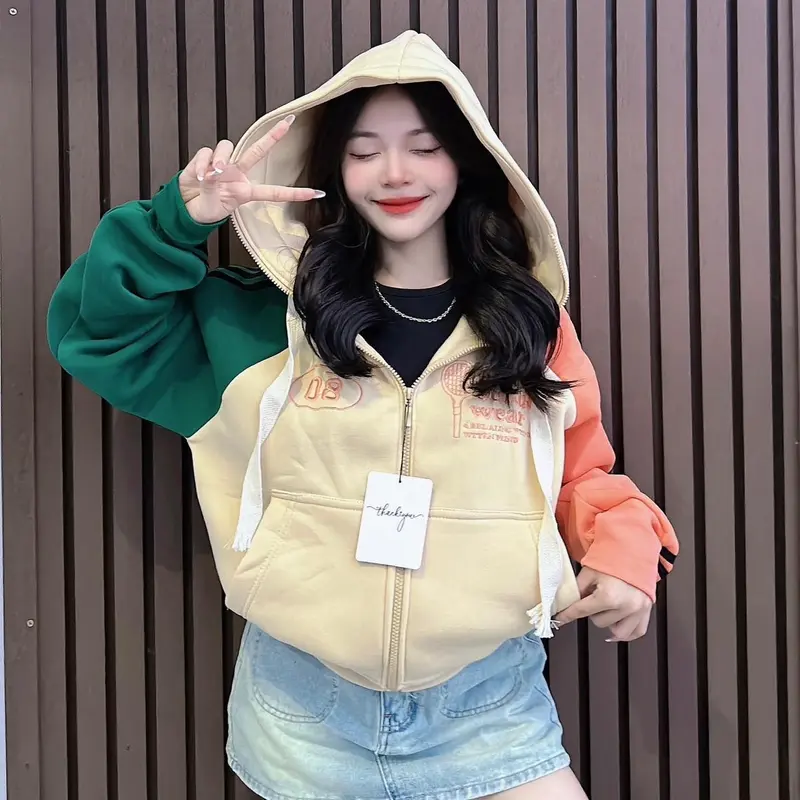 áo khoác nữ nỉ dày thêu chữ tay phối màu cam chạy sọc thời trang Women Hoodie Top   đen trơn thêu có thể giặt máy đậu màu xanh áo  hoodie 4