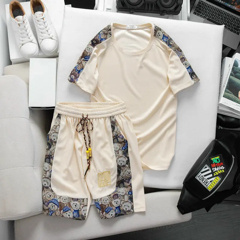 Bộ quần áo nam nữ AMYCHY ngắn tay waffle phối vải gấm dệt gấu nhỏ menswear, thời trang phong cách, co giãn 4 chiều thoáng mát 2