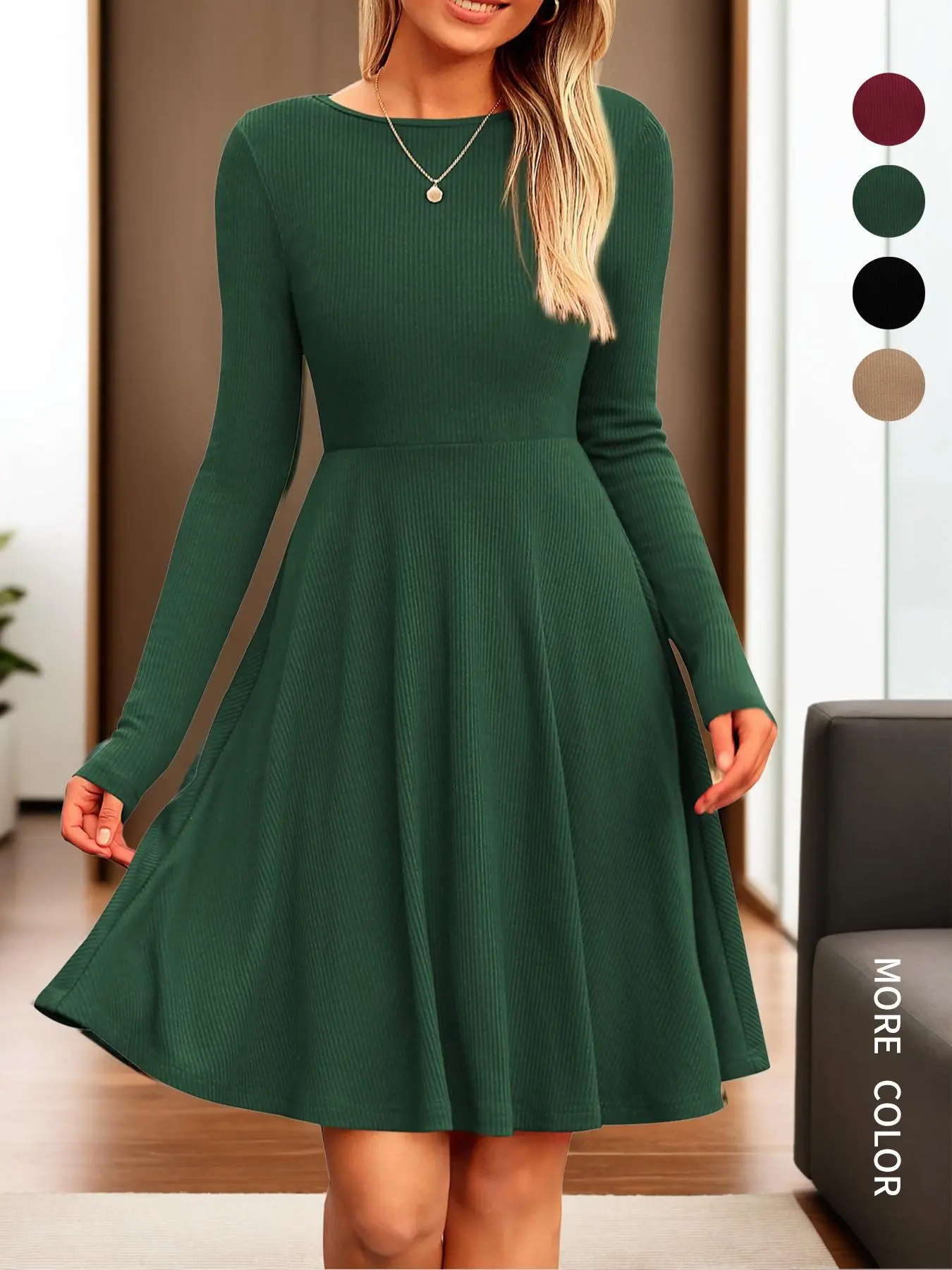 Women's Plain Ribbed Knit A Line Dress, Casual Long Sleeve Round Neck Short Dress for Spring & Fall, Women's Clothing for Daily Wear