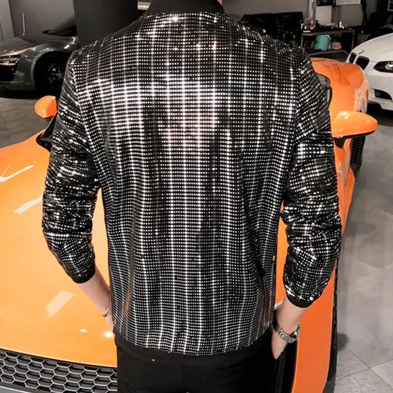 Product Introduction of SS24 New Sequined Bomber Jacket Men Shiny Sequins Long Sleeve Glitter Zipper Coat Hip Hop Loose Night Club Stage Streetwear Coats 11