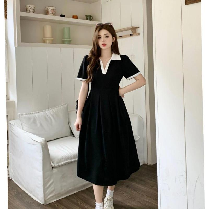 Đầm Polo Bigsize Phối Cổ Trắng Nữ Tay Ngắn,Đầm Dáng Suông Chữ A Big Size chất liệu thun gân tăm thoáng mát phong cách đơn gainr trẻ trung G94