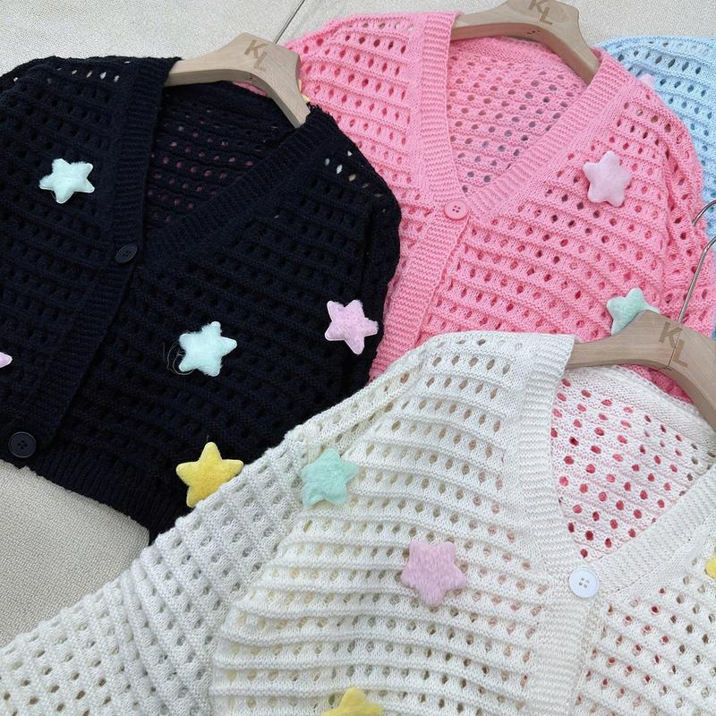 Áo khoác len lưới QC đính sticker xᶖnh xắn cardigan  nơ