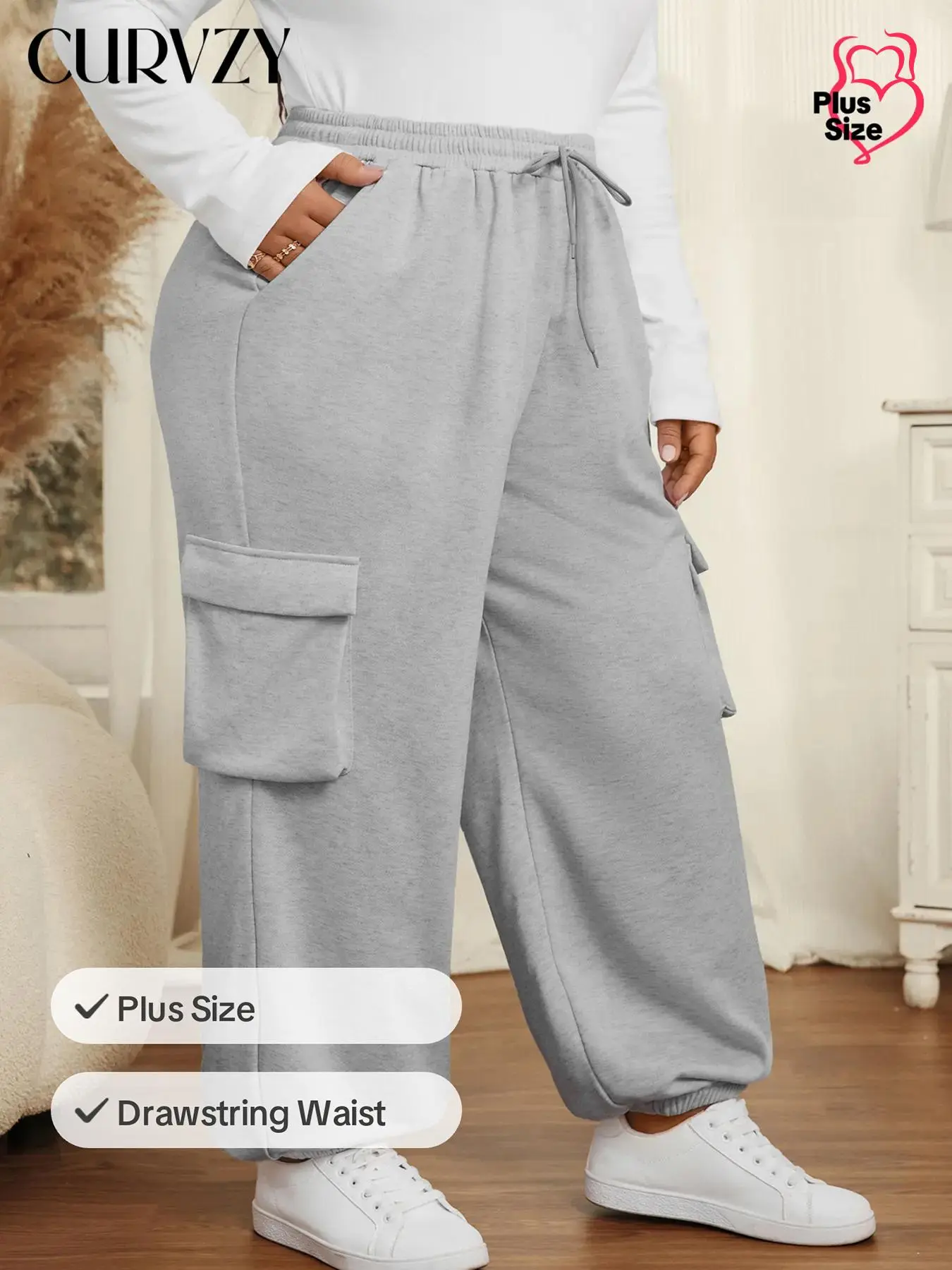 CURVZY Plus Size Solid Drawstring Waist Cargo Pants, Casual Pocket Jogger Pants for Women, Women's Trousers for Spring & Fall