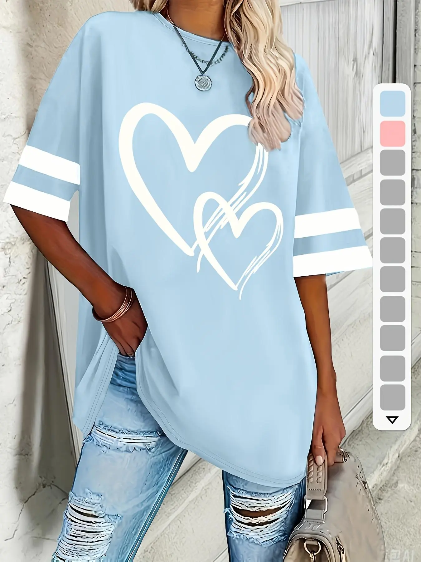 【Plus Size】heart Print Round Neck Tee, Casual Short Sleeve Crew Neck T-shirt for Summer, Women's Plus Clothing for Daily Wear, Plus Size Tops, Summer Tops, Clothes for Women