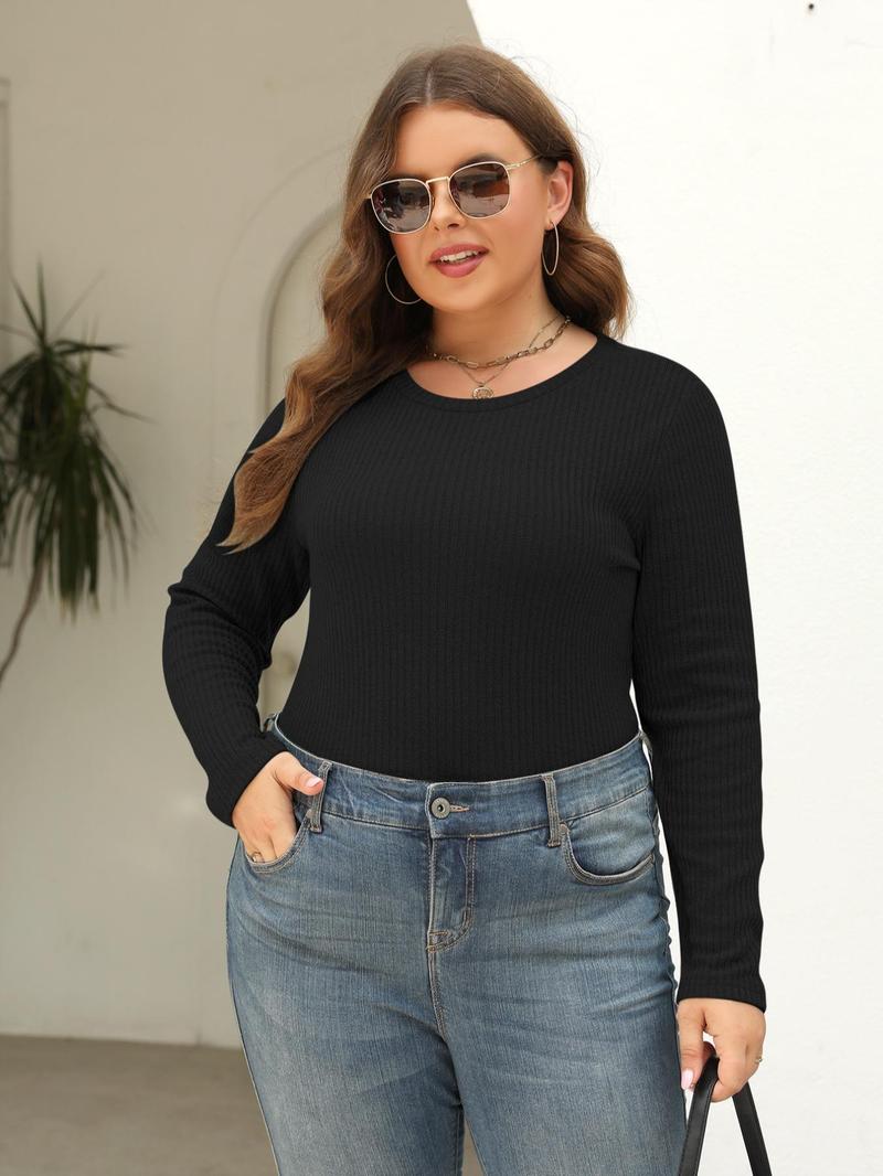 Product Introduction of 【Plus Size】 Solid Round Neck Ribbed Bodysuit, Casual Long Sleeve Crew Neck Bodysuit for Spring & Fall, Women's Clothes for Daily Wear 10