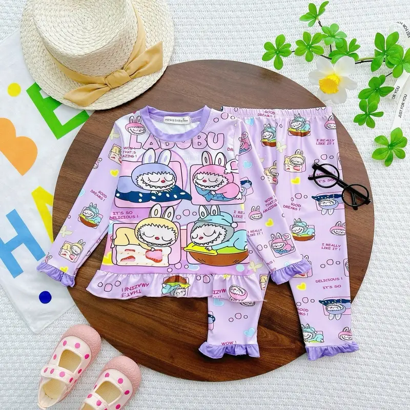 FREESHIP- Bộ Dài Tay Cho Bé Gái Thun Lạnh 3D MINKOJ BABY Cho Bé Từ 7-30kg In Hoạt Hình LABUBU Chất Co Giãn 4 chiều mềm 4