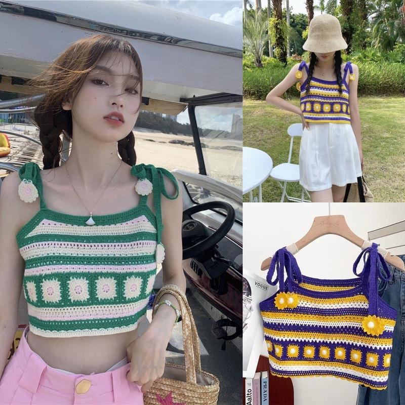 Áo 2s nữ len móc croptop dây buộc nơ hoa, áo 2 dây mùa hè thoáng khí đi biển hàng Qc