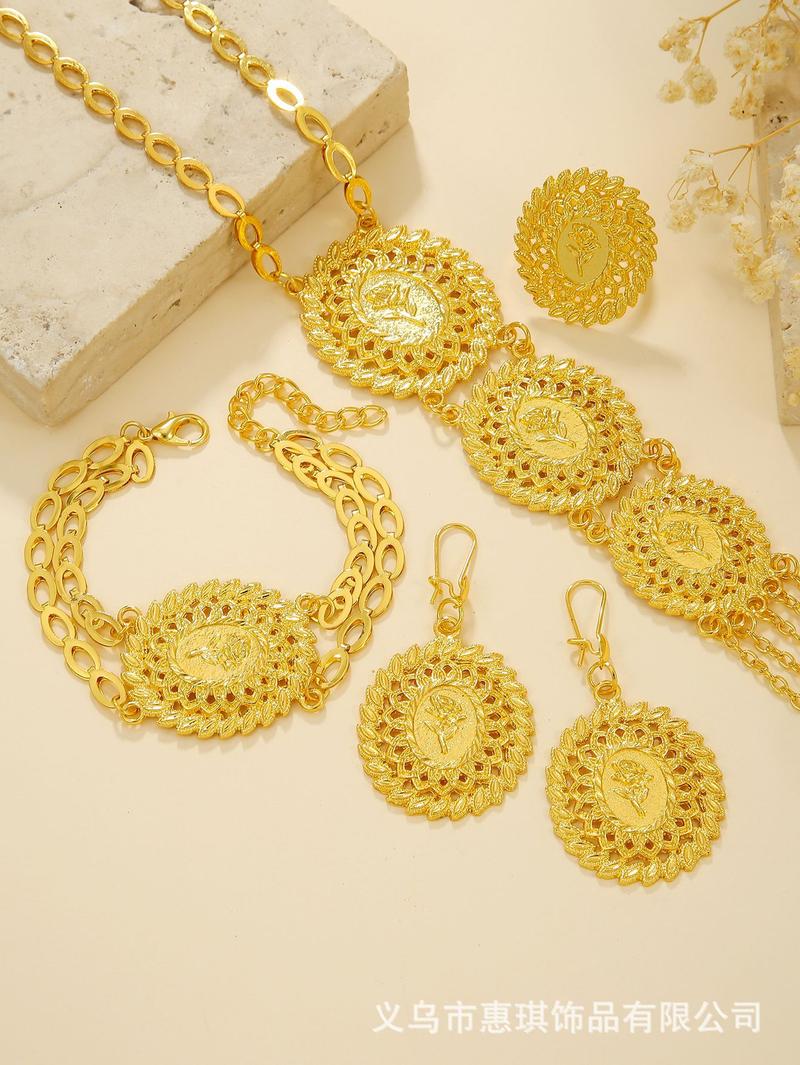 Product Introduction of 24k Gold Plated Necklace Bracelet Earrings Ring Jewelry Set for Bride Women's Accessories Four-piece Set 8