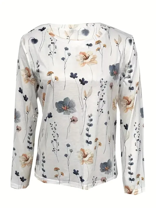 Women's Floral Print Long Sleeve Tee, Vintage Graphic Tee, 2024 Trendy Ladies Clothes, Casual Elegant Round Neck T-Shirt For Spring & Fall, Women's Top For Daily Vacation Wear 2