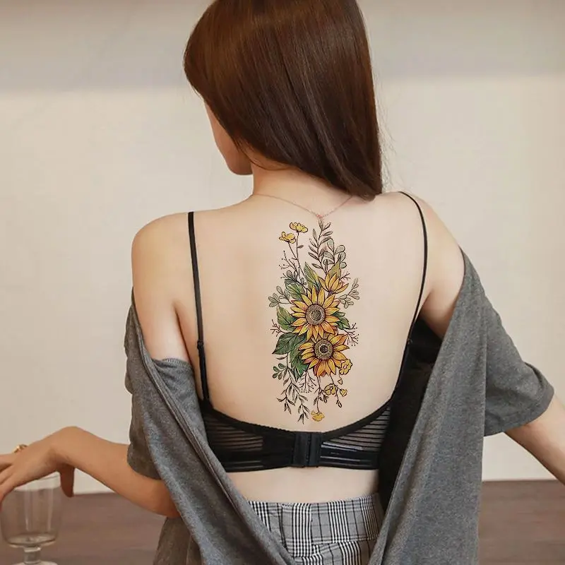 Miếng Dán Hình Xăm Hoa Hướng Dương, Không Thấm Nước Và Bền, Phong Cách Ins, Cho Cánh Tay, Lưng, Cánh Tay Và Bụng, Che Sẹo, Hình Xăm Mô Phỏng 0