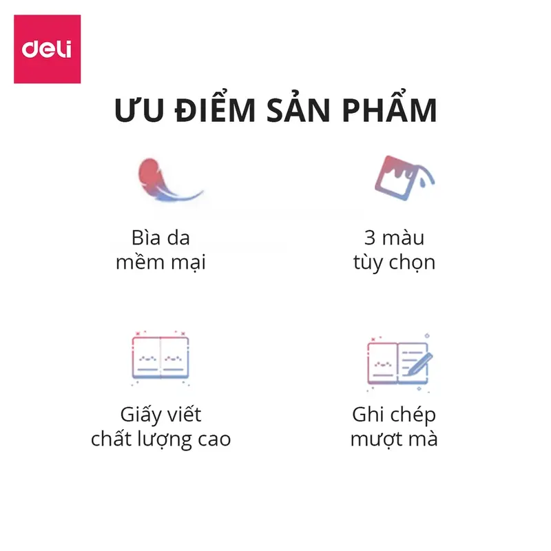 Sổ tay ghi chép A5 Bìa Da dày Deli - Màu Đen/Hồng/Xanh, 300 trang, 80gsm, Chống nước dành cho Học Sinh, Văn Phòng 4
