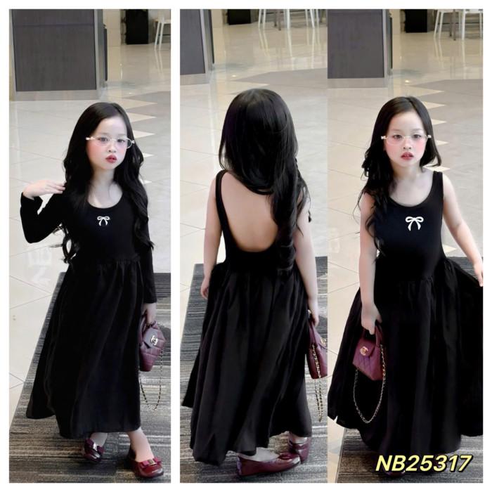 Váy Đen Trễ Lưng Dáng Dài In Nơ Dài Tay Hoặc Sát Nách Xinh Xắn Cho Bé Gái 10-33kg