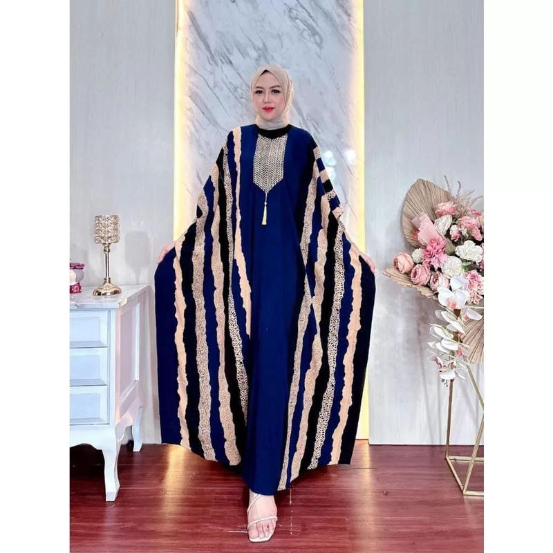 Dress Panjang Kaftan Motif Salur Bahan Rayon Super Tebal Renda Ory Sultan Mewah Wanita Muslim Dewasa Zipper Busui Gamis Lebaran Nyaman tunik syar'i remaja style korea 2