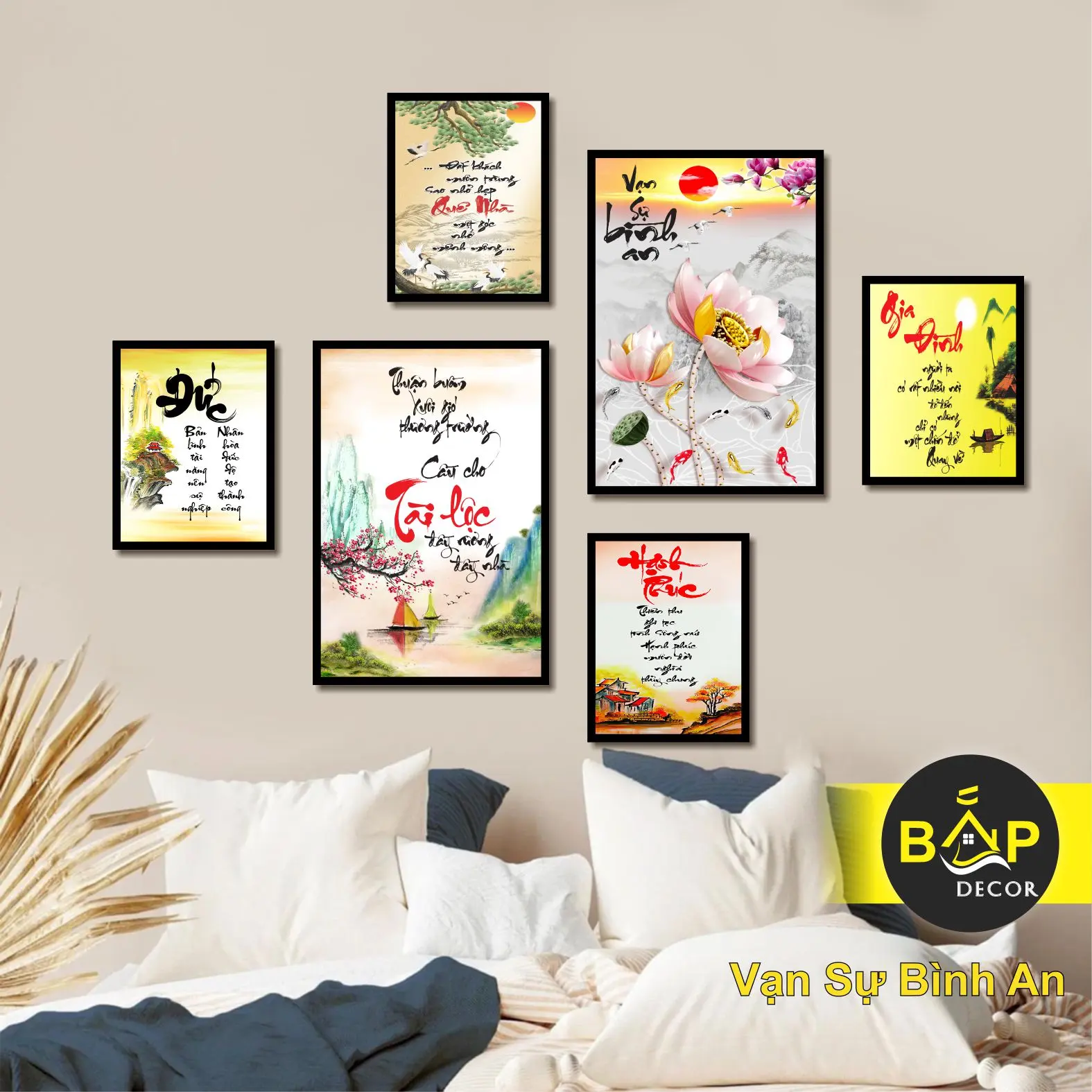 Decor Tường tranh VẠN SỰ BÌNH AN, TÀI LỘC, THƯ PHÁP, CHA MẸ, tranh dán tường decor 6 bức,  in trên nhựa formex kèm sẵn keo dán, Treo Tường Treo Phòng Phòng Khách