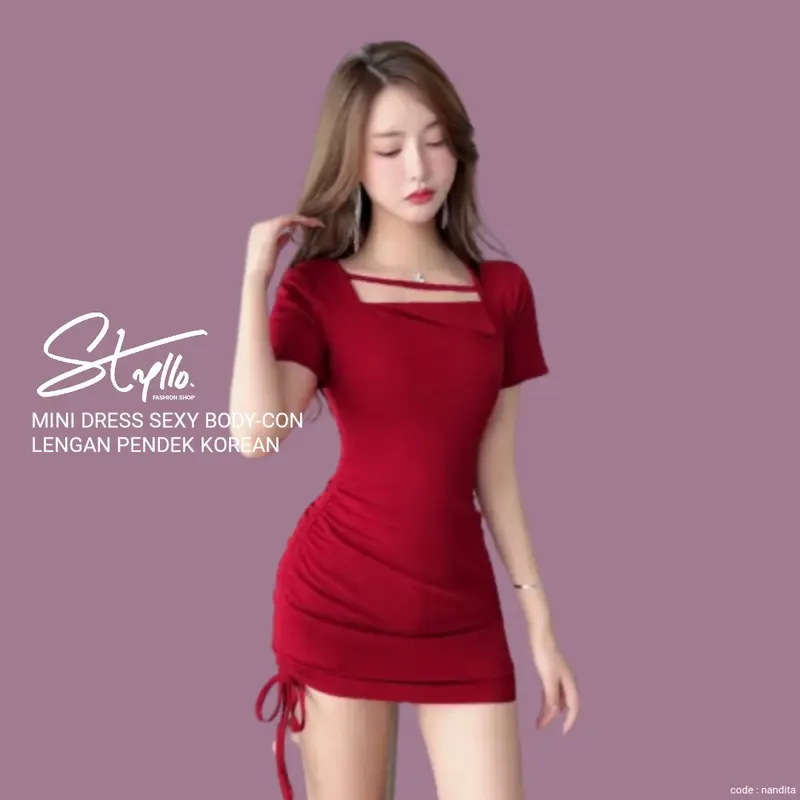 Baju Bodycon Sexy Mini Dress Korea Lengan Pendek Wanita Body Pita Scuba Boat Square Neck Polos Basic Premium Merah Maroon Marun Polos Manis Cantik 1