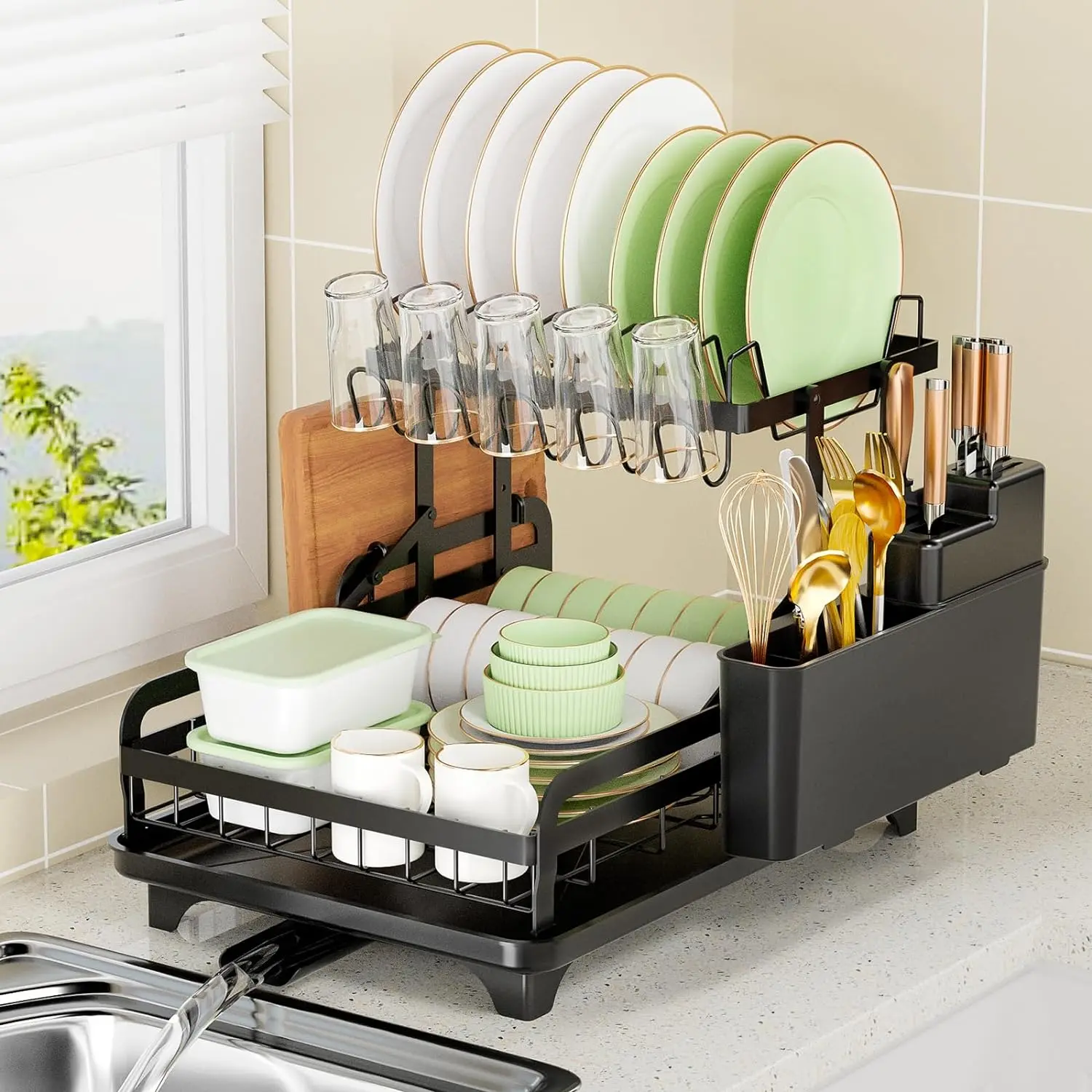Dish Drying Rack, 1 Count 2-layers Tableware Holder, Iron Dish Drainer Organizer for Home Kitchen, Household Dish Storage Rack, Kitchen Accessories, Summer for Gift