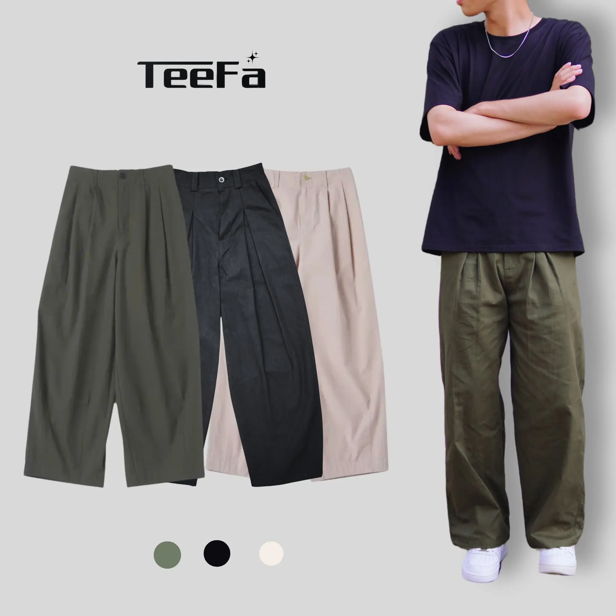 TEEFA VIETNAM - Quần Suông Nam Xếp Ly Kaki Cạp Chun Ống Rộng Lưng Cao Chất Liệu Kaki Mềm Mịn, Phong Cách Hàn Quốc Menswear Pants Kem