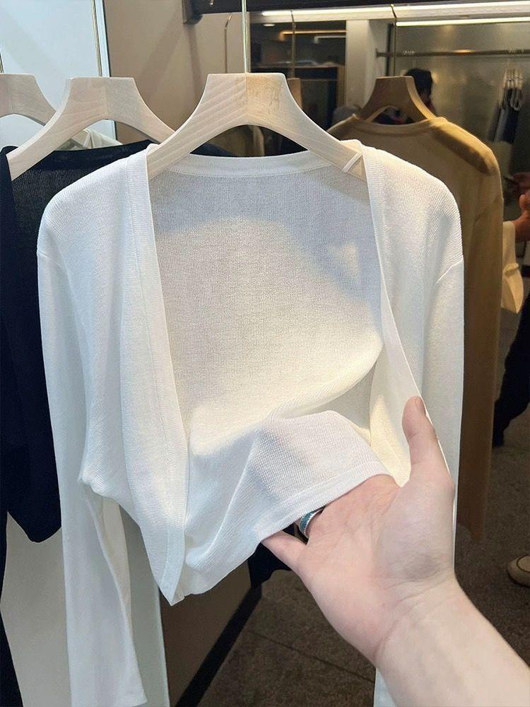 Product Introduction of Áo Cardigan Chống Nắng Dệt Kim Lụa Lạnh Ngắn Màu Trắng Váy Hai Dây Mùa Hè Mỏng Cho Nữ Áo Khoác Vải Tuyn Bên Ngoài Áo Áo Cánh Điều Hòa Không Khí 16