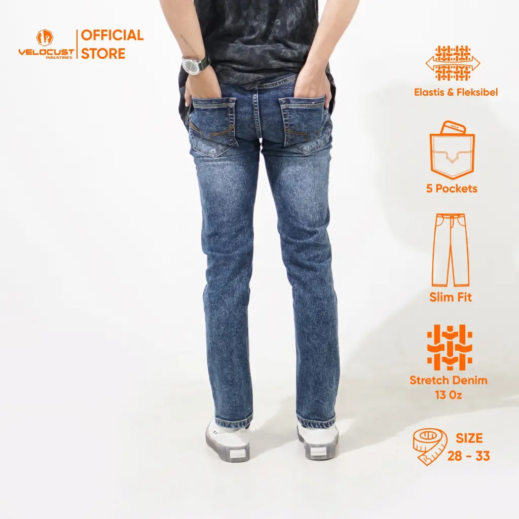 VELOCUST - Celana Panjang Jeans Pria Basic Slimfit Stretch Fleksibel Denim 13oz Blue Series Tebal Light Dark