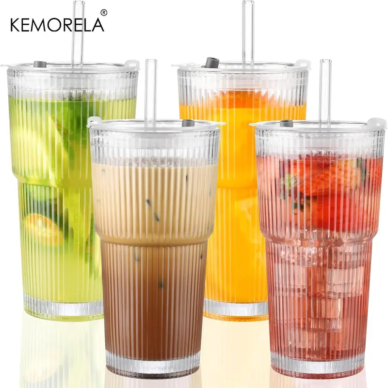 20oz Glass Cup with Lid & Straw, 1/2 Counts/set Glass Tumbler with Straw & Lid, Vintage Glassware for Whiskey Cocktail Beer Iced Coffee, Kitchenware, Drinkware, Summer Cool Bottle, Drinking Glassware 0
