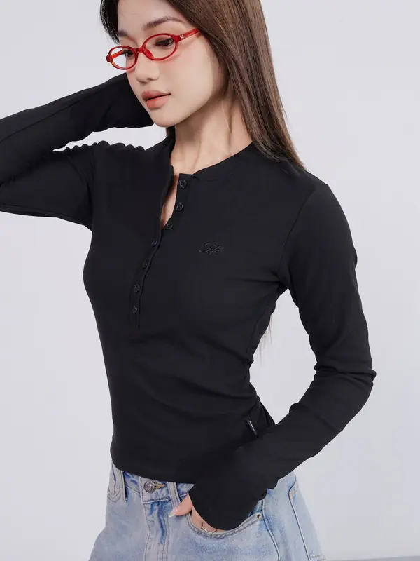 THEKIM Áo thun dài tay cổ tròn cúc ngực , chất liệu Rib cloud 100% cotton vải dày mềm mịn T259 4