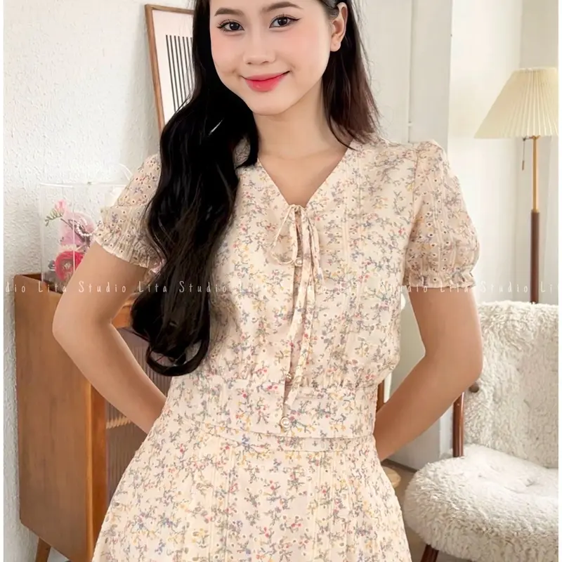 Bộ áo kèm chân váy hoa nhí thêu màu be nhẹ nhàng thanh lịch đi làm đi tiệc V138 Nữ Kem Top Women 7