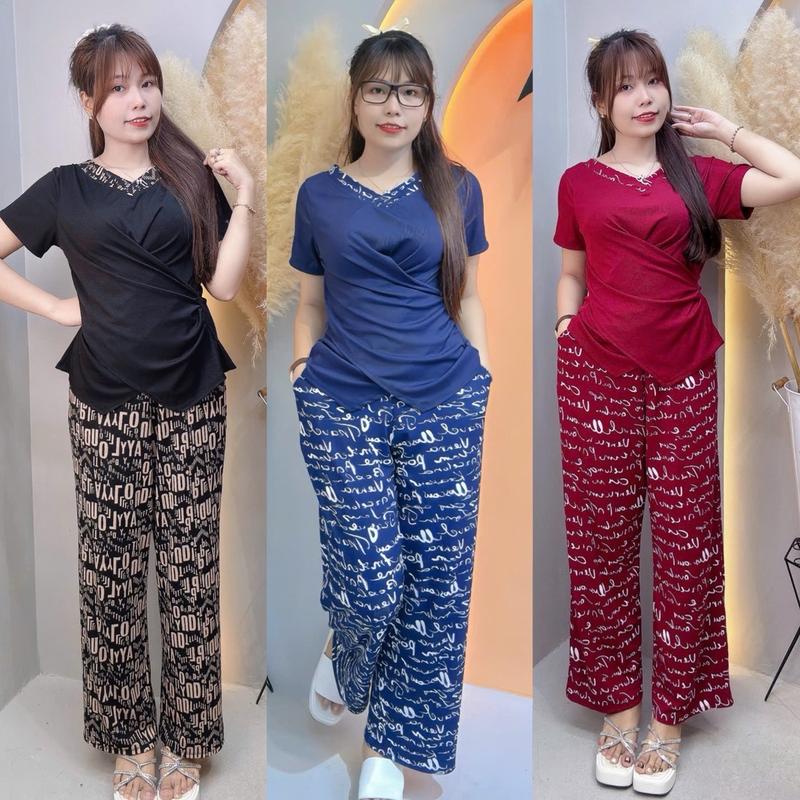 Bigsize 60kg-95kg— Sét Bộ phối màu quần suông áo xoắn eo mặc siêu hách dáng, thiết kế cổ tim tay nhí trẻ trung cho chị em chuppy, Chất thun tâm lạnh Women Top Nhung Nữ