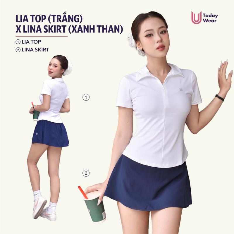 Set đồ tập gym yoga thể thao áo Lia top trắng mix chân váy Lina skirt xanh than Today U Wear Pickleball Sport Chạy Bộ